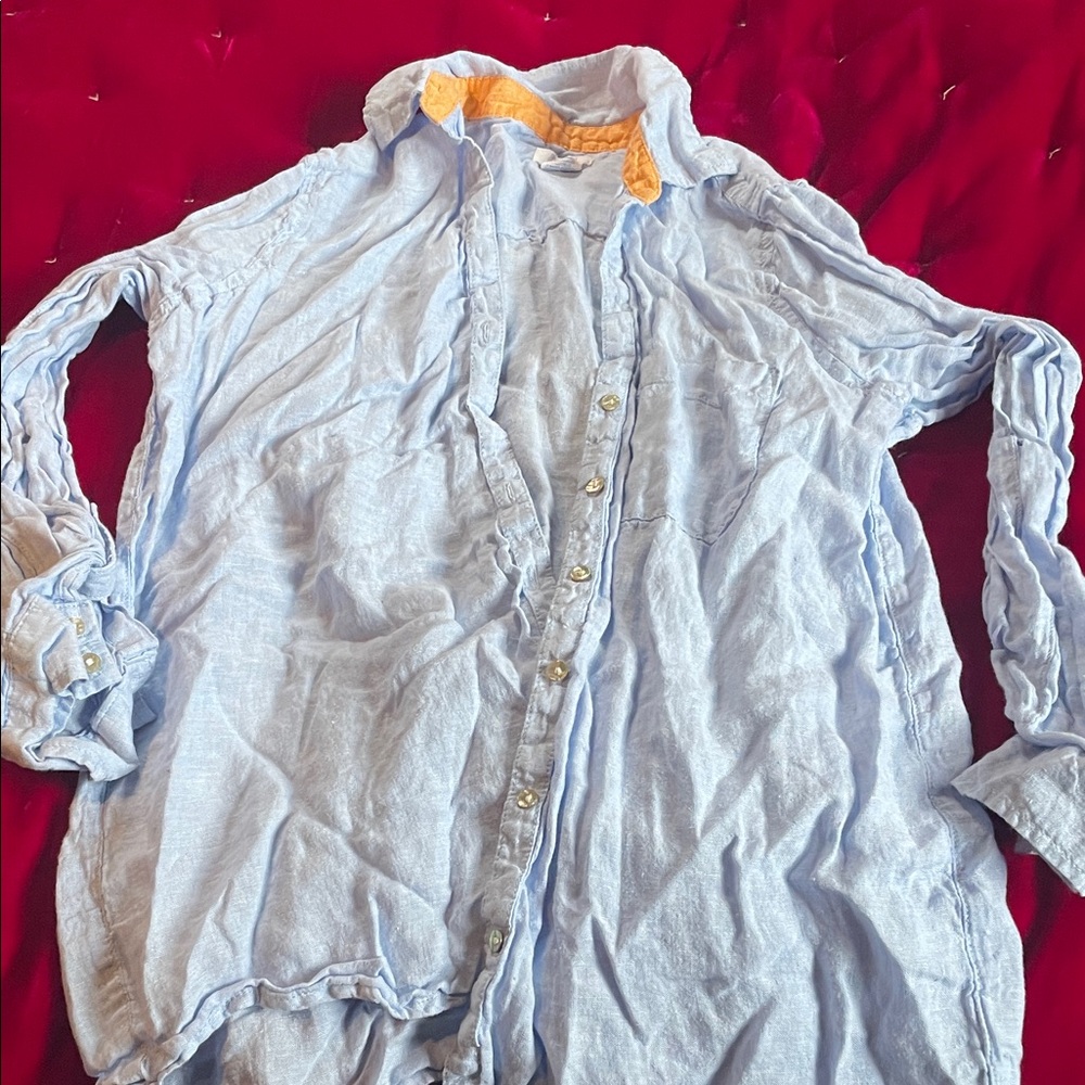 Sigrid Olsen Blue Linen Shirt with Orange Trim